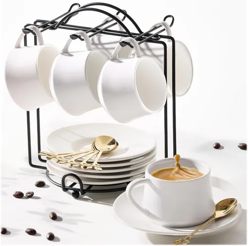 Vista 9 de Lareina Juego de 6 tazas de café de porcelana de 3 onzas, tazas de café apilables con platillos, cucharas y soporte de metal, tazas de cerámica