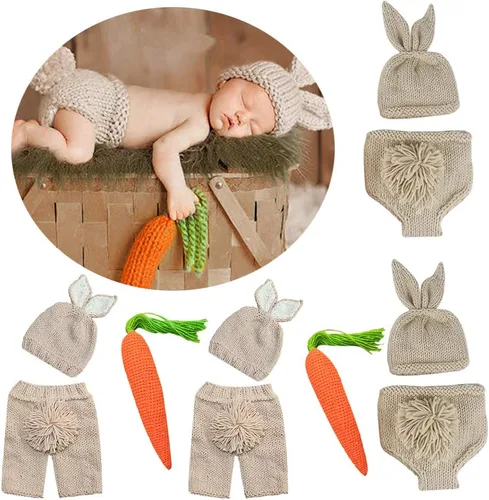 Vista 6 de IWEMEK Traje de Pascua para recién nacidos, para niños, niñas, accesorios de fotografía, cumpleaños, hecho a mano, ganchillo, zanahoria, conejo