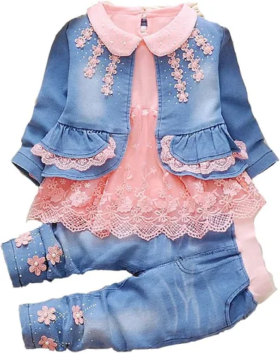 Vista 12 de Peacolate 6M-4Years Primavera Otoño Bebé Niñas Ropa Conjunto 3pcs Manga Larga Vestido Denim Chaqueta y Jeans Azul Lace