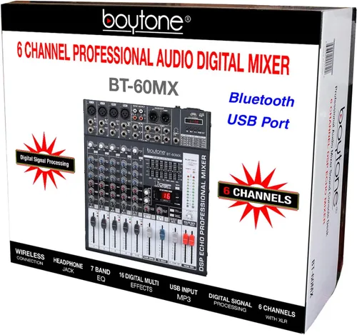 Vista 7 de Boytone BT-60MX, mezclador de audio Bluetooth de 6 canales, controlador de sonido DJ, reproductor de MP3 USB, conector de micrófono XLR, ecualizador