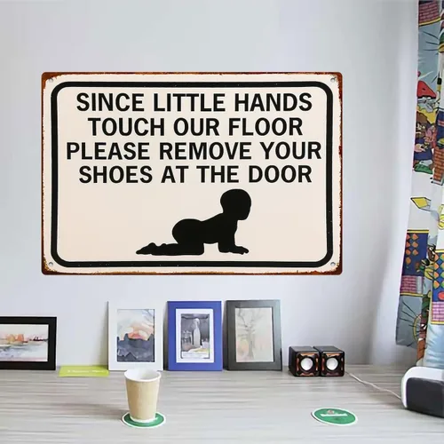 Vista 6 de Cartel de metal retro con texto en inglés «Please Remove Your Shoes» para garaje, hombre, cueva, baño, dormitorio, granja, inspirador, arte de pared