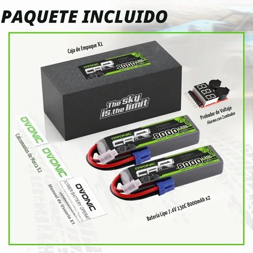 Vista 6 de OVONIC 2S LiPo Batería 8000mAh 7.4V 130C RC Batería con conector EC5 (paquete de 2) (con comprobador de voltaje Lipo)