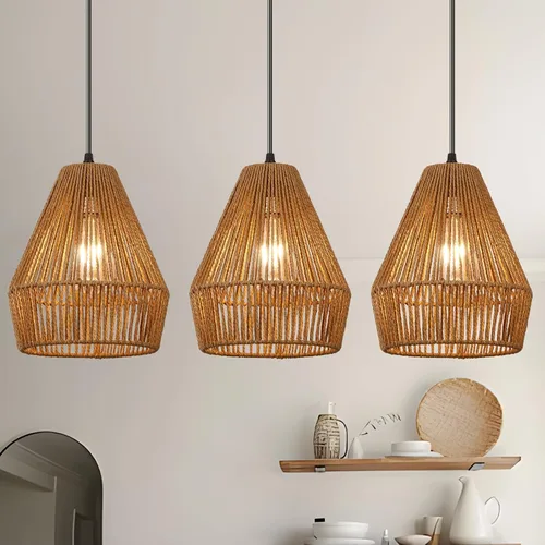 Vista 10 de Lámpara colgante de ratán tejido bohemio, 7 pulgadas, mini lámpara colgante con jaula de trabajo manual, iluminación colgante pequeña natural