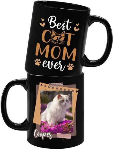 Vista 8 de Taza de cerámica negra personalizada para elegir nombre y foto con texto en inglés "Best Cat Dad Ever Just Ask", taza de café personalizada de 11