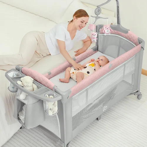 Vista 10 de BabyBond Cuna para bebé, cuna de noche, paquete y juego con sábana, cambiador de pañales y móvil de música desde recién nacidos hasta niños