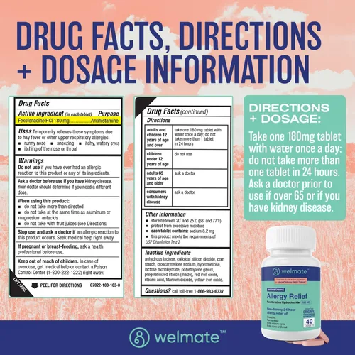 Vista 2 de WELMATE - Alivio de Alergia - Hidrocloruro de Fexofenadina 180 mg - Antihistamínico Sin Somnolencia de 24 Horas - Estornudos - Secreción Nasal