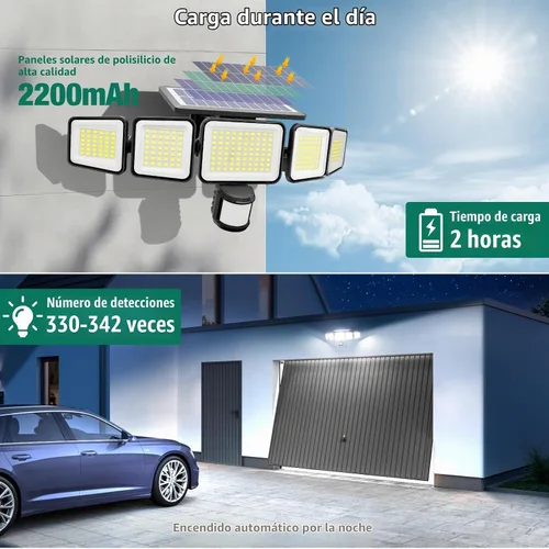 Vista 3 de Luces solares para exteriores, 4000LM con 5 cabezas, sensor de movimiento, 236 LEDs, 3 modos, luces de pared de seguridad IP65 impermeables, luces