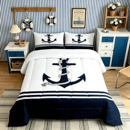 Vista 18 de Castle Fairy Juego de edredón de verano para niños, tamaño individual, diseño náutico reversible con diseño náutico de estrellas de mar, barco y Azul