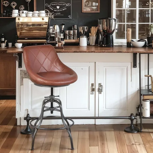 Vista 10 de Diseño industrial Metal Altura ajustable PU Respaldo Silla Vintage Bar Taburete Negro Asiento de cuero