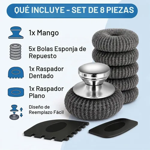 Vista 9 de Depurador de lana de acero con mango y 5 repuestos, kit de 8 piezas de hierro fundido con 2 raspadores de sartén, depurador de acero inoxidable