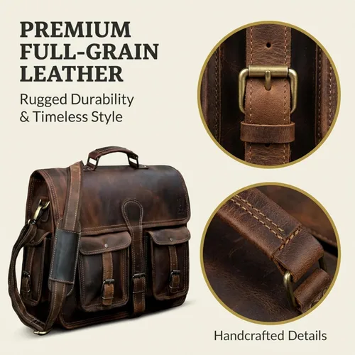 Vista 4 de cuero Bolso mensajero de cuero para hombre, bolsa para laptop de 14 pulgadas, bolsa cruzada para hombre, bolso cartera de cuero vintage hecho a mano