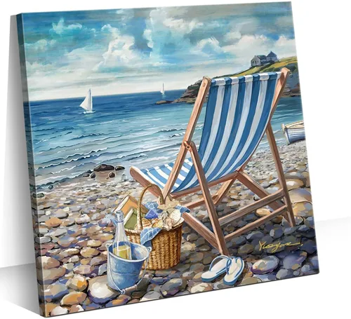 Vista 12 de Decoración de baño, arte de pared de playa, tema oceánico, imagen azul, impresión en lienzo, obra de arte costera moderna, enmarcada para colgar