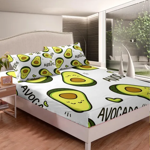 Vista 2 de Feelyou Juego de sábanas para niños con diseño de aguacate, ropa de cama bonita con frutas para niños y niñas, 1 sábana encimera y 1 sábana bajera