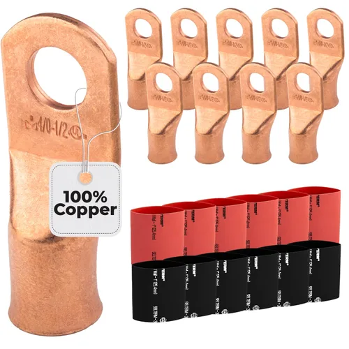 Vista 107 de SELTERM - 5 terminales de anillo resistentes para cable de batería, calibre 1/0 AWG, pernos de 1/2 pulgadas, terminales de calibre 0, ojales