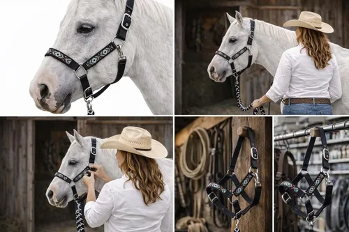 Vista 6 de CHALLENGER Nylon Horse Beaded Halter Nickle Plated Hardware w/Lead Rope Tack Blue 606175