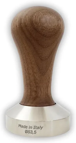 Vista 2 de Tamper de 2.100 in diseñado para adaptarse a cestas de precisión IMS de 2.126 in. Mango de madera y base de acero inoxidable apta para alimentos.