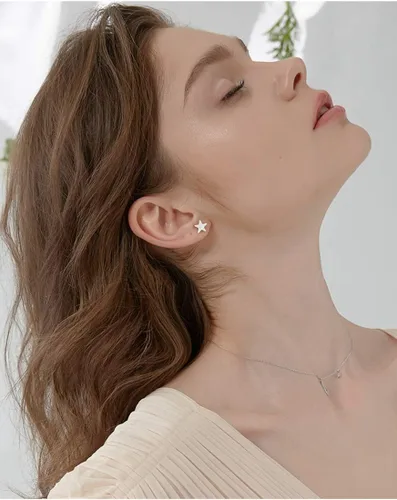 Vista 3 de SLUYNZ - Aretes de plata esterlina 925 para mujer, asimétricos, aretes de estrella y luna, cadena con dije