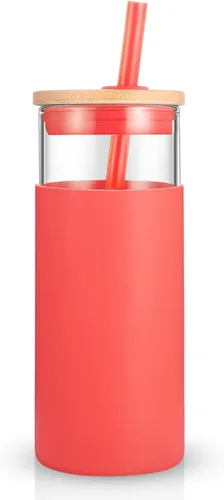 Vista 30 de Tronco Vaso de vidrio de 20 onzas con tapa y popote, taza de café helado y vaso para batido con tapas de bambú y funda protectora de silicona, apto