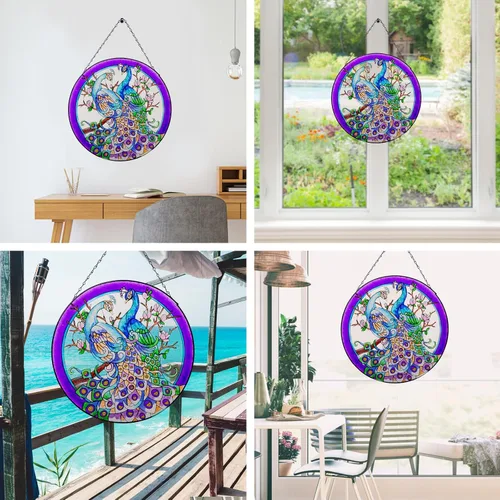 Vista 3 de Colgantes de ventana de cristal de pavo real de 11.8 pulgadas, decoración artística de pared de pavo real, panel atrapasoles con cadena (morado)