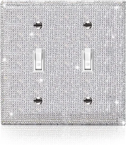 Vista 7 de 1 pieza de cubierta de placa de pared con diamantes de imitación brillantes plateados, cubierta decorativa para interruptor de luz con brillos
