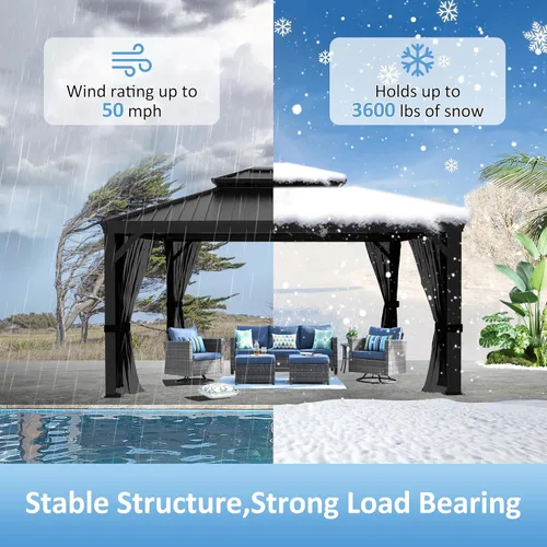 Vista 4 de MUPATER Gazebo para exteriores de 10 x 12 pies, carpa de techo rígido con doble techo, estructura resistente con sistema de drenaje y mosquitera