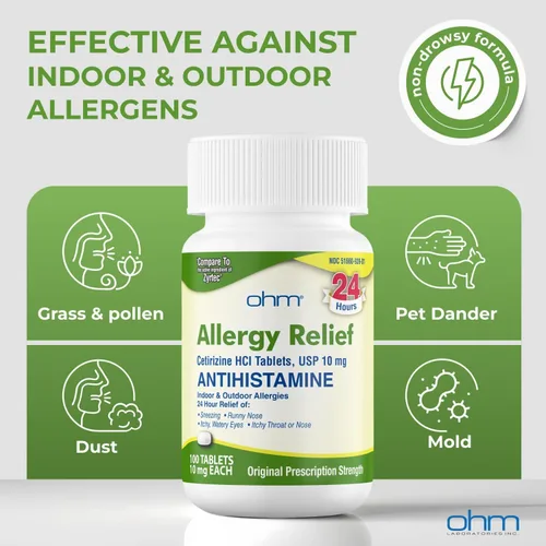 Vista 5 de Ohm Cetirizina 10 mg, alivio de la alergia durante todo el día (100 unidades) tabletas antihistamínicas para alergias en interiores y exteriores