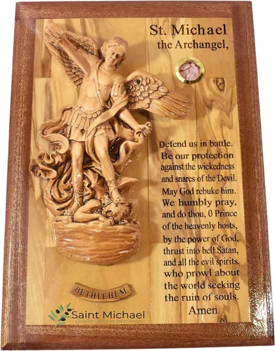 Vista 7 de Escultura genérica de San Miguel para colgar en la pared, madera de olivo, San Miguel Arcángel hecho en Tierra Santa, decoración religiosa