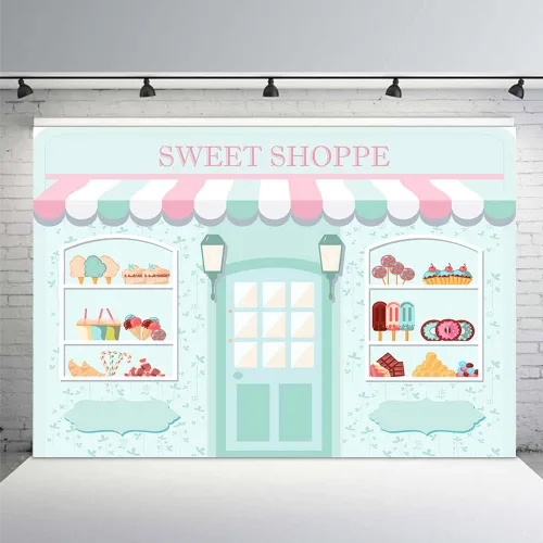 Vista 4 de MEHOFOND Telón de fondo Sweet Shoppe de 5 x 3 pies para niña, fondo de fotografía de cumpleaños, pancarta de fiesta para niños, baby shower, dona