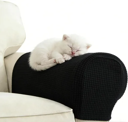 Vista 3 de Paquete de 2 fundas de sofá color amarillo cálido, protectores de arañazos de gatos navideños para muebles beige, fundas elásticas antideslizantes