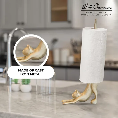 Vista 2 de WallCharmers Soporte para toallas de papel dorado, soporte de papel higiénico o de cocina de metal para piso o encimera, gato dorado