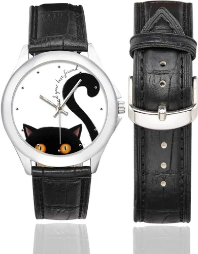 Vista 2 de InterestPrint Funny Cat - Reloj clásico de acero inoxidable con correa de cuero para mujer, color negro