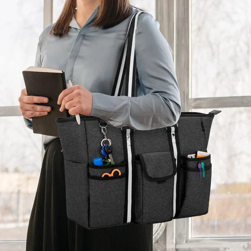 Vista 2 de CURMIO Bolsas y bolsas para profesores para mujer, bolsa de trabajo grande con funda para laptop para oficina, color negro