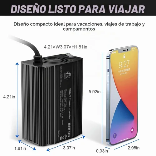 Vista 2 de BESTEK inversor de corriente de 300W de CC 12V a CA 110V, adaptador de carga para automóvil con carcasa de aluminio duradera y puerto de carga