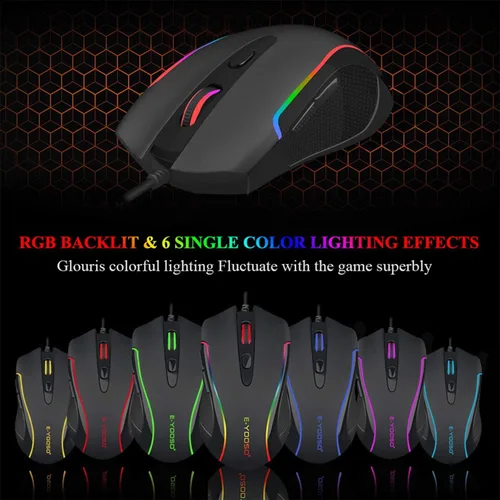 Vista 2 de E-YOOSO Ratón para juegos con cable RGB retroiluminado 6 botones programables con grabación macro, 6400 DPI ajustable, ratón ergonómico