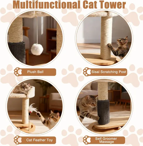 Vista 3 de Torre de árbol pequeño para gatos, poste rascador para gatos de 16.5 pulgadas de alto con cama, árbol para gatos 6 en 1 con cepillo de aseo