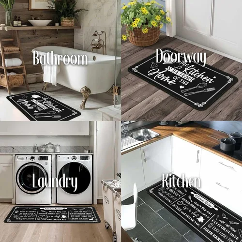 Vista 6 de Juego de 2 tapetes de cocina negros antideslizantes y lavables, juego de 2 tapetes decorativos antifatiga para áreas de cocina y comedor, decoración