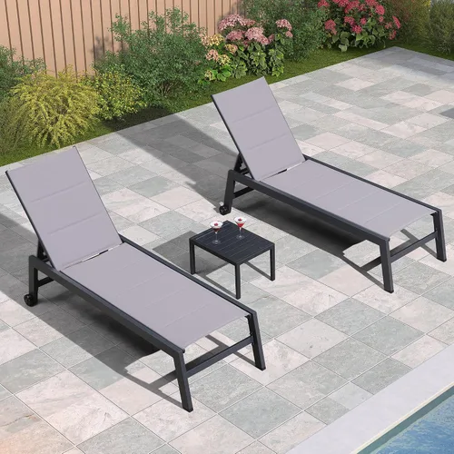 Vista 29 de PURPLE LEAF Juego de 2 tumbonas de aluminio para patio al aire libre con ruedas y mesa auxiliar, tumbona de piscina para jardín al aire libre, junto