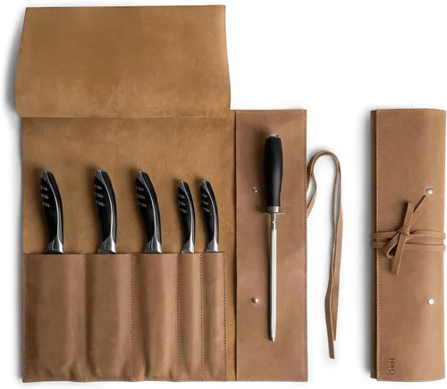 Vista 9 de Estuche de cuero rústico para cuchillos, bolsa duradera para cuchillos de chef para chefs profesionales, bolsa de rollo de cuchillos, funda