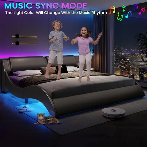 Vista 11 de DICTAC Base de cama California King con cabecero y luces LED, moderna base de cama LED Cali King con puertos USB y tipo C, de piel sintética