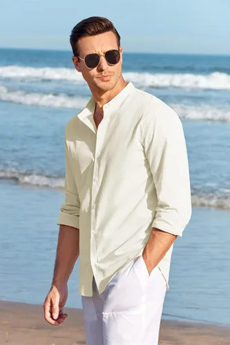 Vista 5 de Makkrom Men's Casual Button Down Cotton Linen Shirts Long Sleeve Band Collar Beach Shirt Top