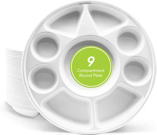 Vista 14 de three leaf platos redondos de bagazo de 10 pulgadas con 3 compartimentos, 25 unidades. Platos de bagazo desechables, 100 % biodegradables