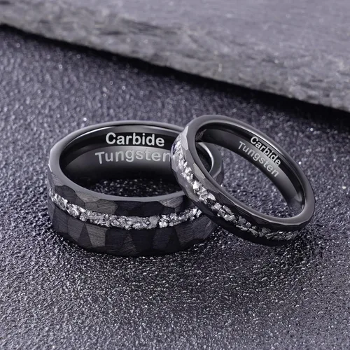 Vista 3 de JEWPER Anillos de tungsteno para hombres y mujeres de 0315in banda de boda de promesa de moda martillado surco meteorito orbo carburo biselado borde