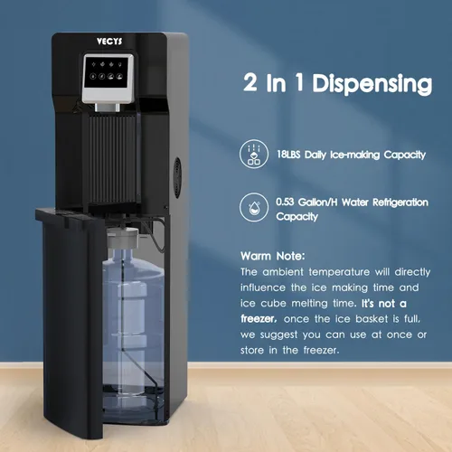 Vista 2 de VECYS Enfriador de agua de carga inferior con máquina de hielo, suministro de agua fría con fabricación diaria de hielo de 18 libras, compatible
