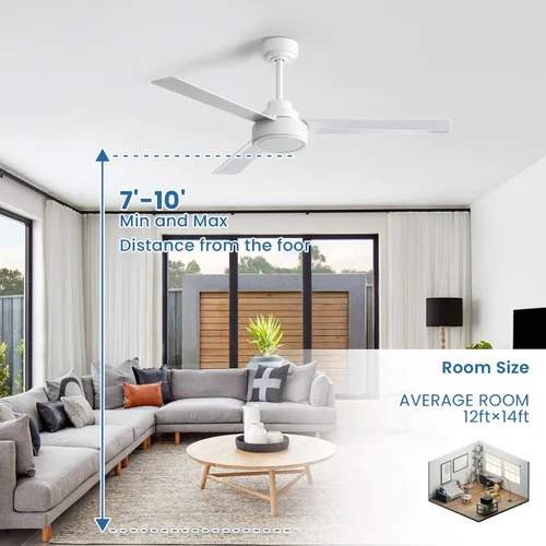 Vista 4 de Sofucor Ventilador de techo blanco de 52 pulgadas sin luz con control remoto, ventilador de techo moderno de 3 aspas ABS, motor CC reversible