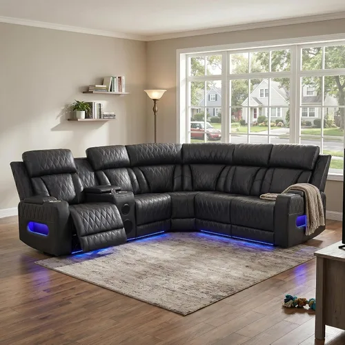 Vista 20 de Sofá seccional reclinable eléctrico, sofá de felpa beige y gris, sofá seccional con consola de almacenamiento, sofá reclinable para sala de estar
