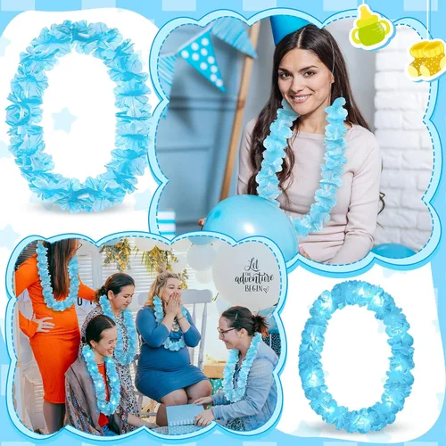 Vista 3 de 24 piezas de collar de flores de Leis hawaianas con luces LED, para playa, tropical, carnaval, fiesta, suministros de boda, Luau para bailes de Azul