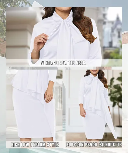 Vista 4 de LALAGEN Vestido midi entallado de manga larga con cuello de corbata peplum para mujer, talla grande
