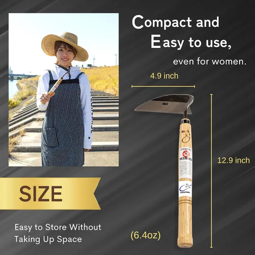 Vista 2 de Azada de mano japonesa de hoz de primera calidad para jardinería, ideal para plantar, arar, excavar y más, duradero, diseño ergonómico y hoja