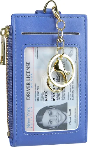 Vista 11 de Tarjetero de cuero para mujer, con bloqueo RFID, delgado y pequeño, con cremallera, llavero, bolsillo frontal, con 2 ventanas para identificación