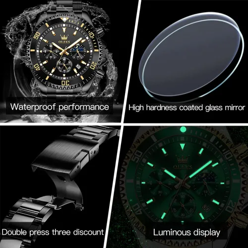 Vista 5 de OLEVS Relojes para hombre, cronógrafo, vestido de lujo, fase lunar, cuarzo, acero inoxidable, impermeable, luminoso, calendario de negocios, reloj